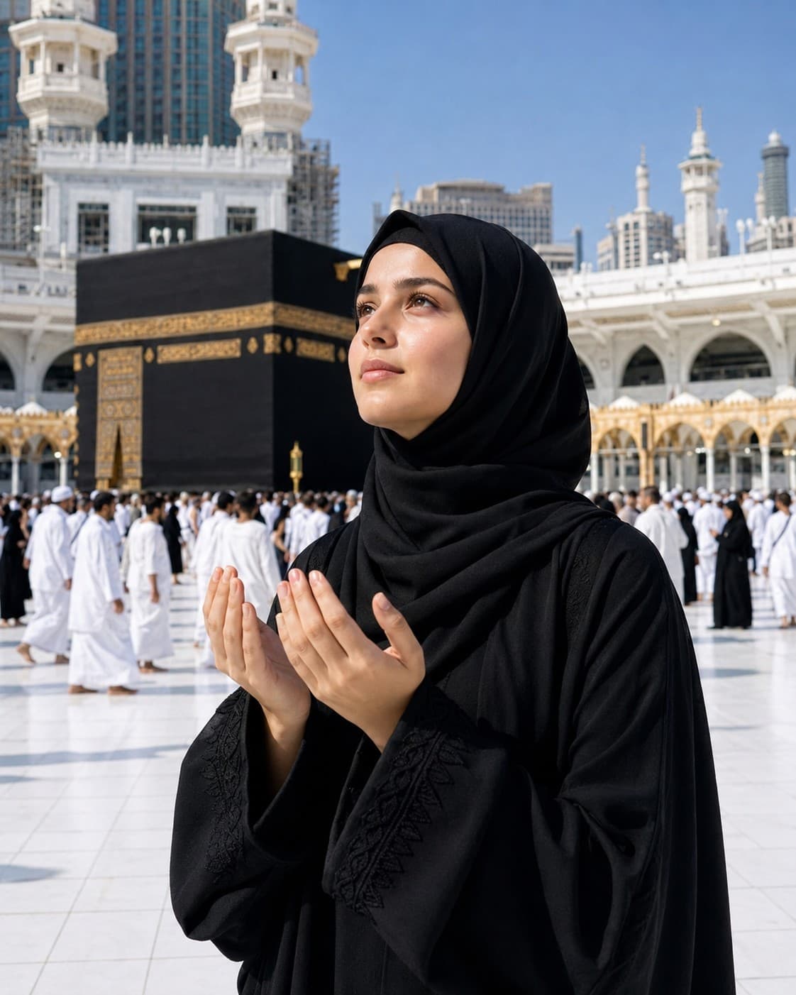 A Woman Praying In Front Of The Kaaba